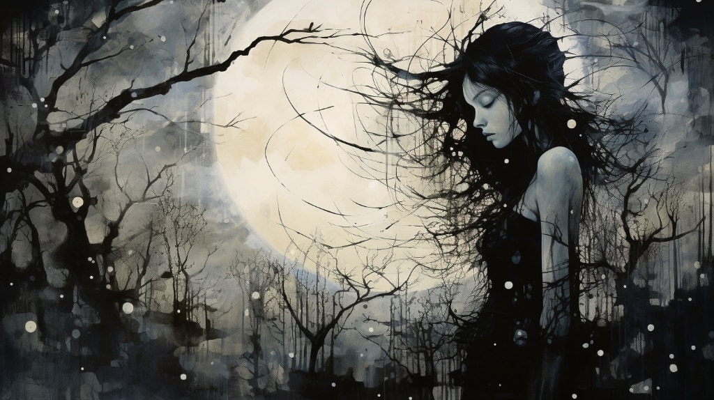 AI artwork, B&W monochrome, twisted tree branches, woman head bowed melancholy