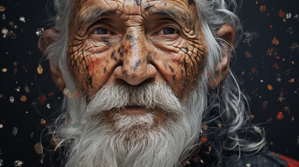 AI artwork. Elderly man, wrinkled skin, tattoos of hieroglyphs and runes, white hair and long beard