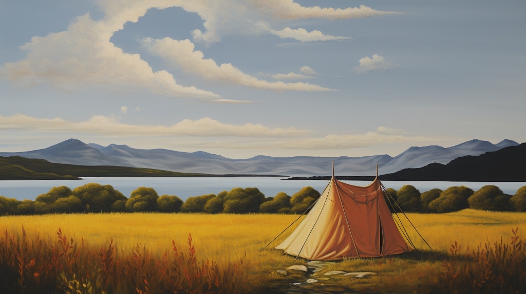 AI MJ. landscape scene of tent pitched alongside a loch in a golden colour field
