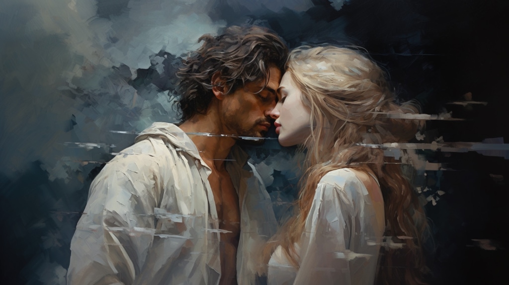 AI Midjourney artwork of man and woman about to kiss in the style of highly textured oil painting.