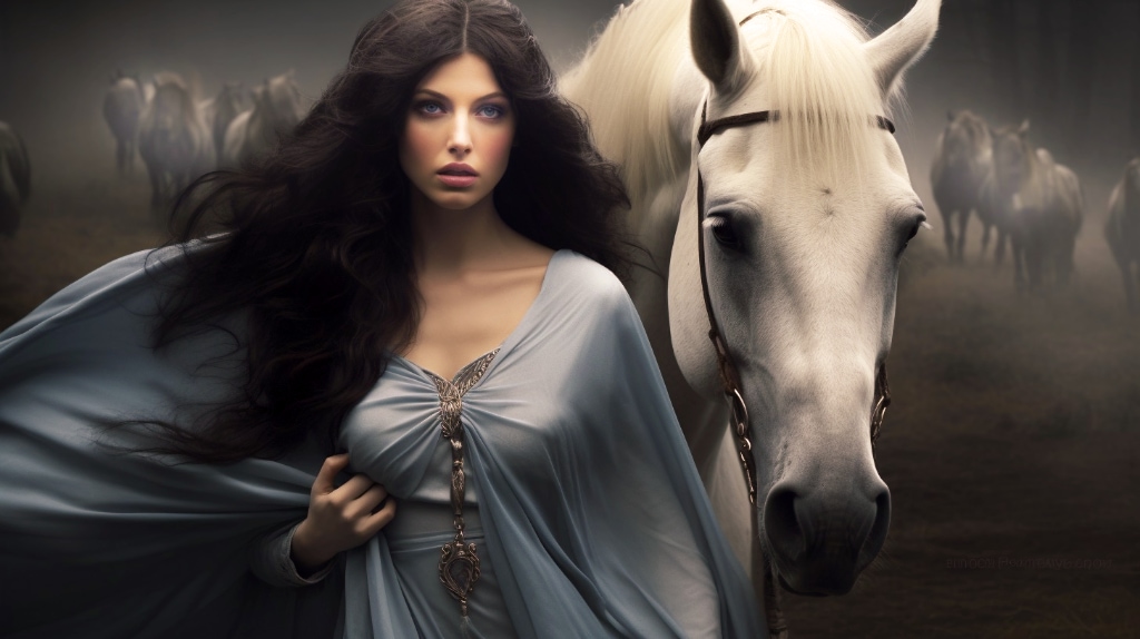 AI art: woman with dark hair with a white horse