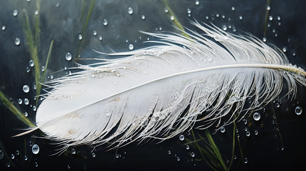 a white feather with raindrops on a dark background