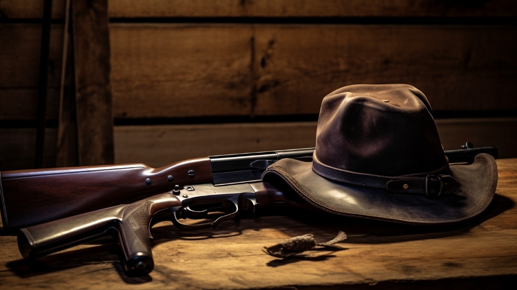 AI artwork: winchester rifle, leather hat on a wood table. Brown tones. Dappled light