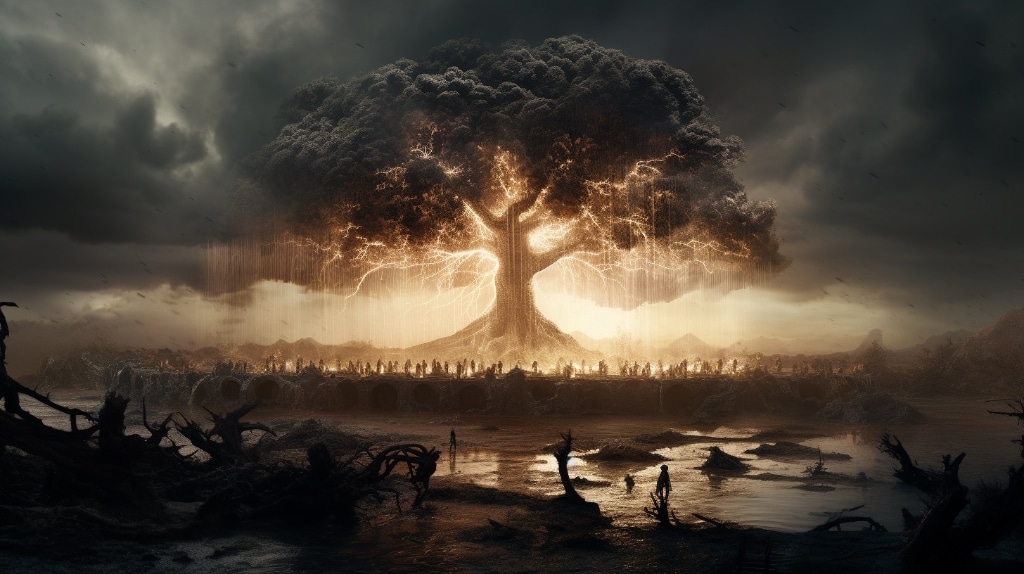 AI art: Yggdrasil's Ash, lightning storm clouds, rain