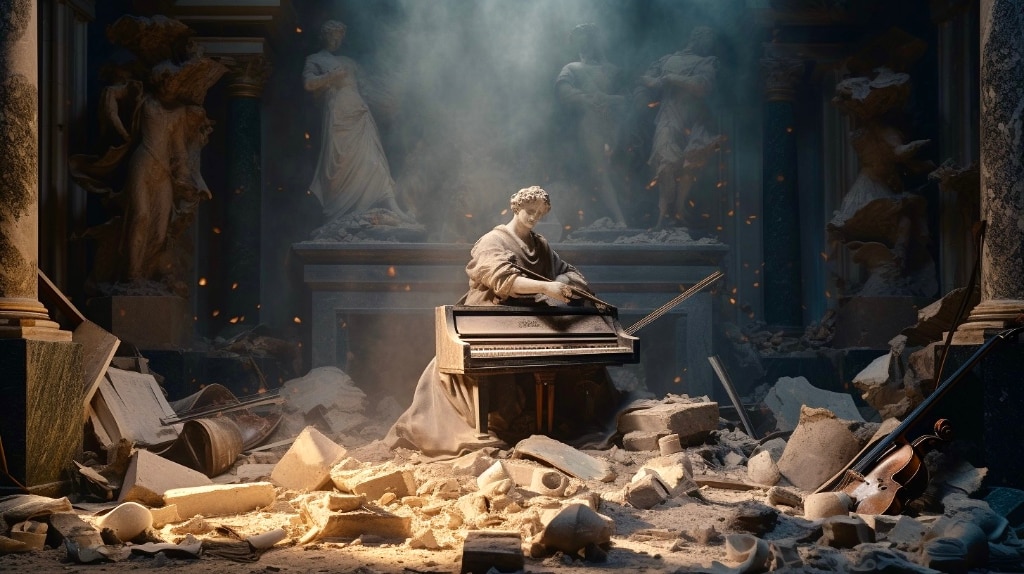 AI: piano, sculptures and debris and ruin, figurines muted colours