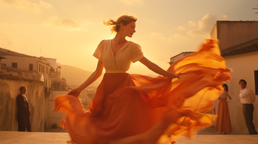 AI art: woman dancing, sunset