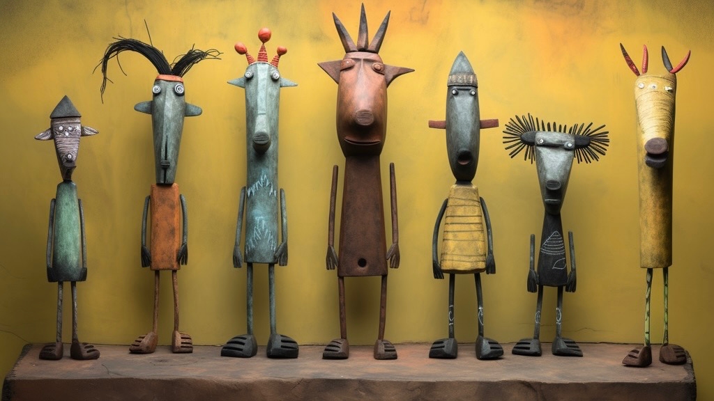 farm animals in the form of tiki gods