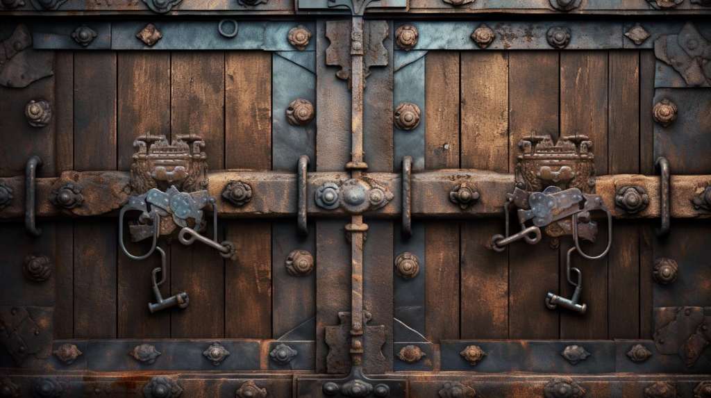 wooden door with bolts, nuts screws, locks, keys and locks