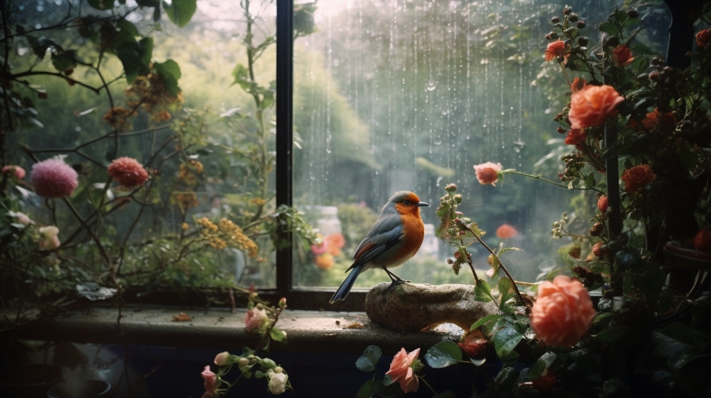 AI art: garden flowers, European robin sitting on the window ledge, rain on the window