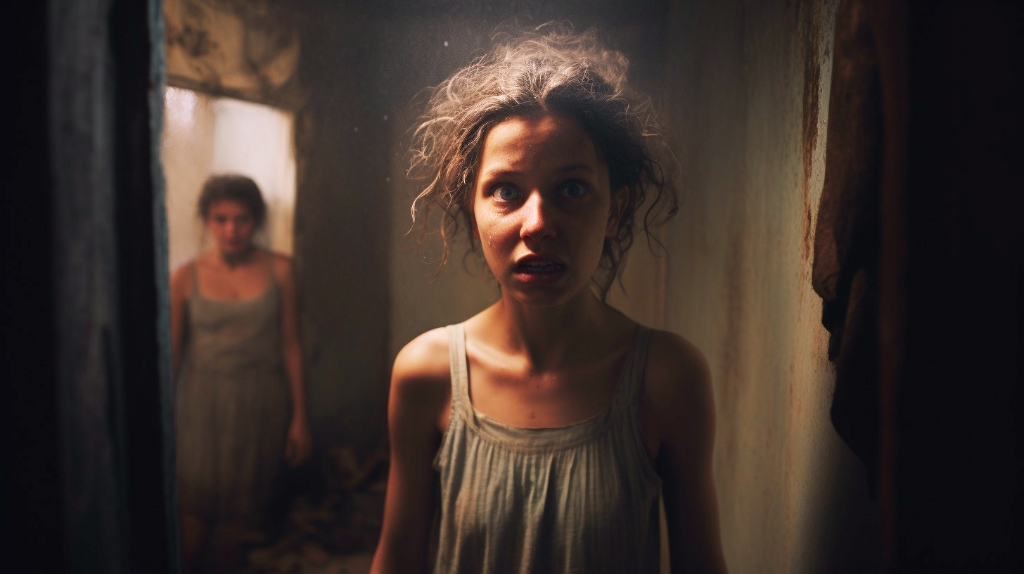 AI art: woman frightened, seeing reflection of herself in a distant mirror