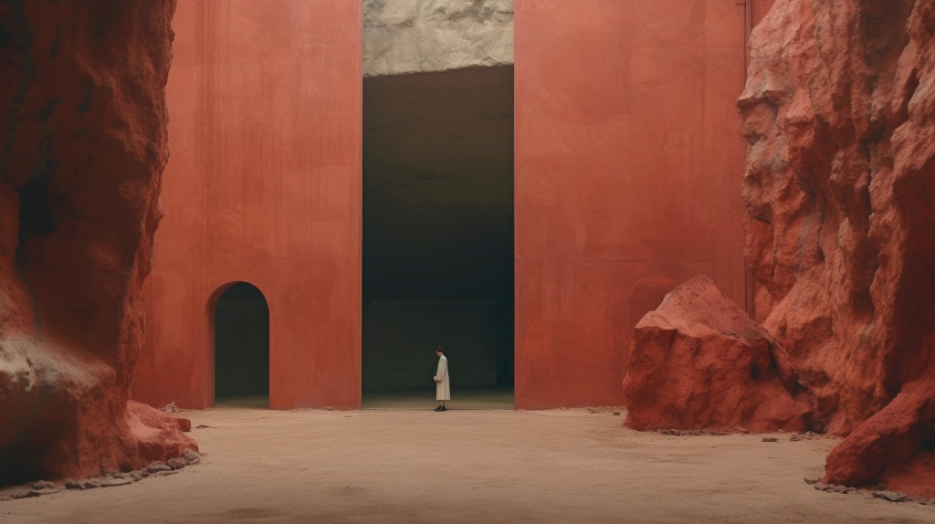 AI art: red clay walls and stone, a man standing in a door. The perspective makes him seem very small