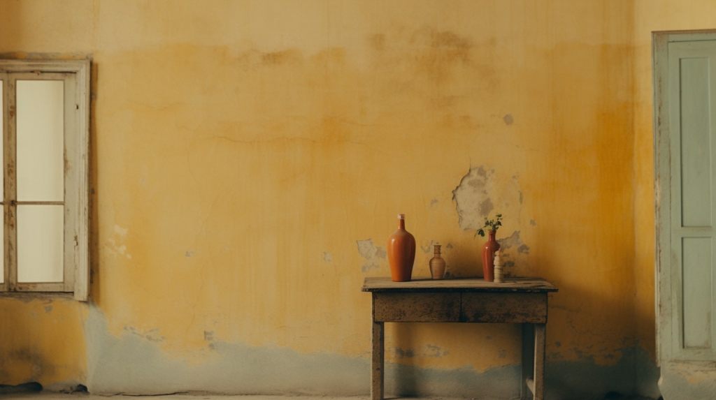 AI art: ochre colour wall, partial window and door at extreme edges of image, wooden table with jars .