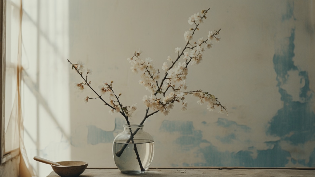 AI art: apple blossoms on twigs in vase of water. Window reflections. various shades of white and black.