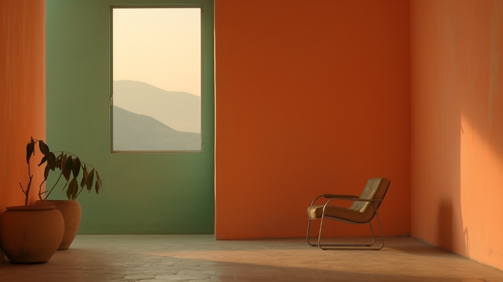 AI art: room with sharp angles, apricot and olive green colour, one chair, 2 pots with plants.Window view to hills