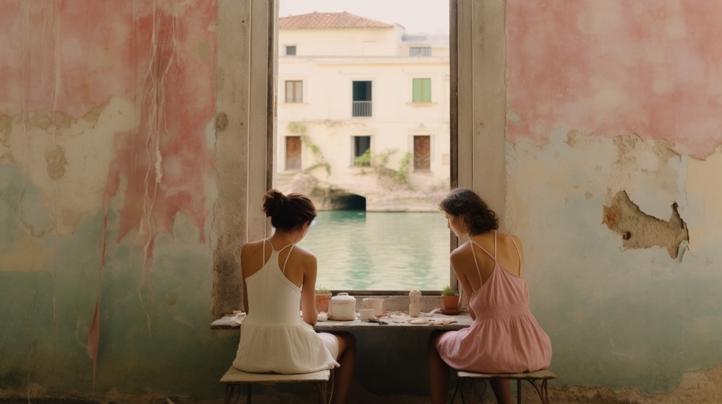 two women, friends, sitting at table overlooking water, drinking tea and talking