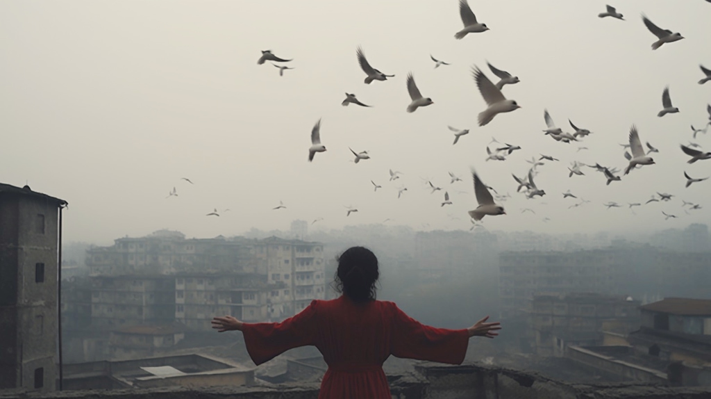 Woman watching doves flying