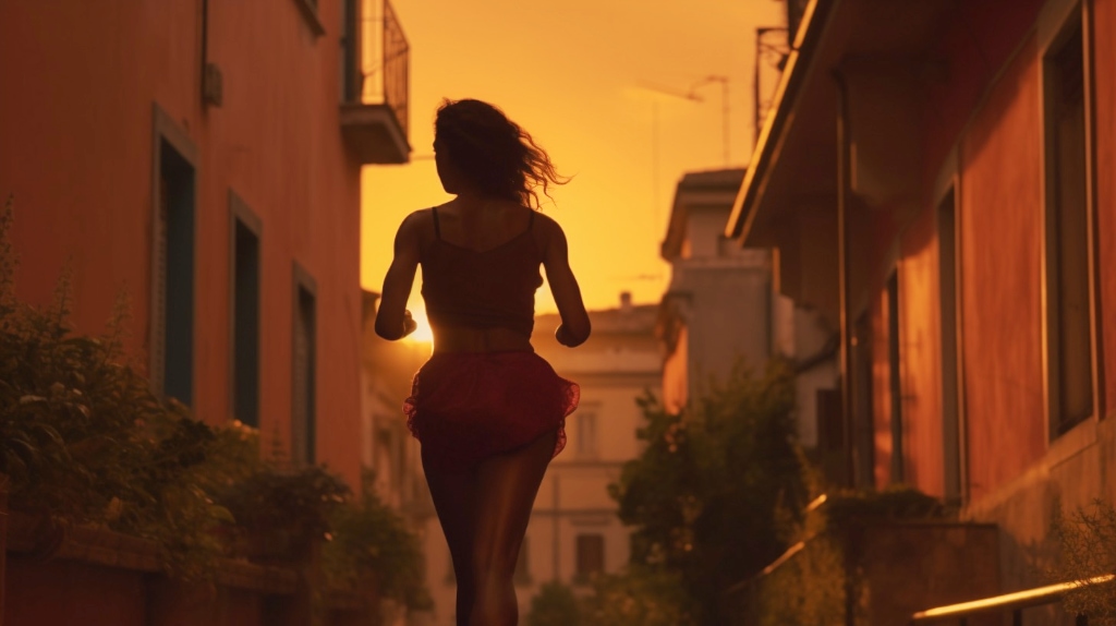 woman running through street at sunset