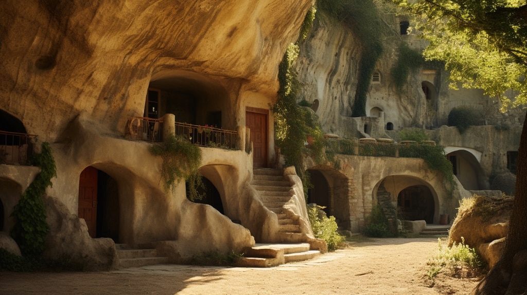 AI art: Troglodyte Caves in France, housing, stairs, foliage, caves  