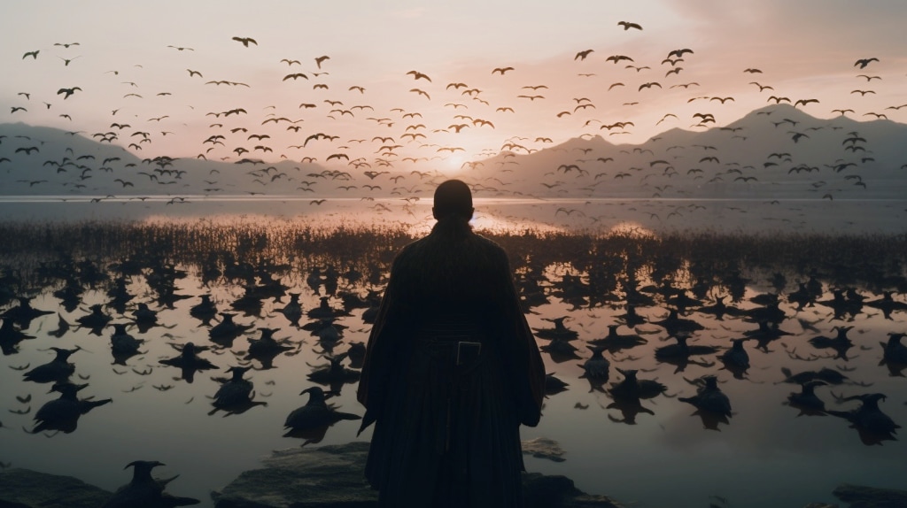 AI Midjourney: man looking toward sunrise with flock of birds airborne.