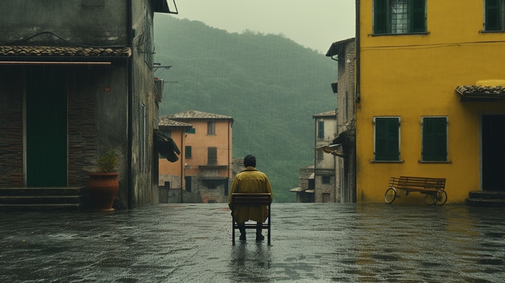 AI artwork, man sitting in a chair in the middle of the road, in the rain.