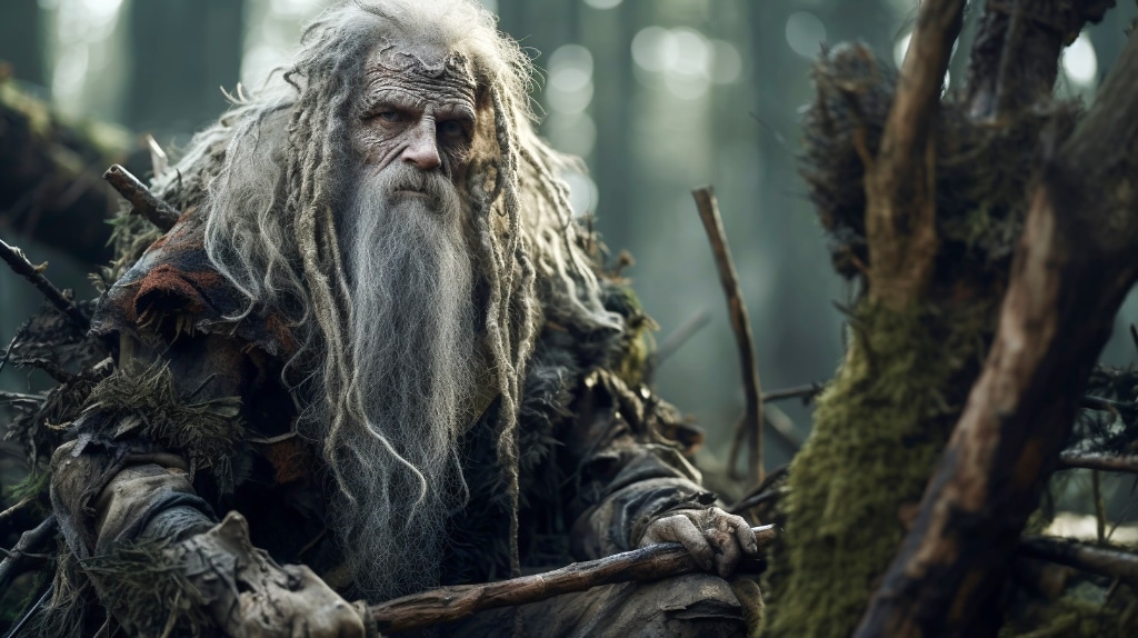 AI artwork, Mótsognir, Lord of Dwarfs, white hair, white beard, forest, mythic appearance.