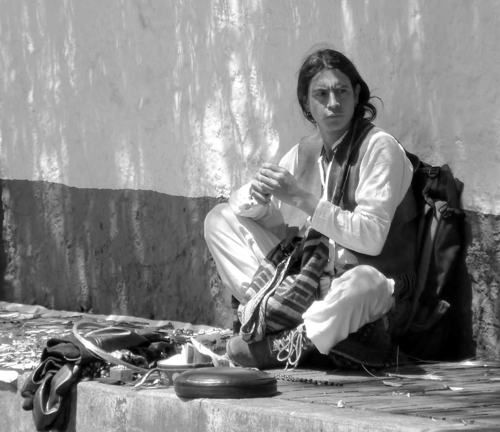 Colombian street vendor, black and white photography
