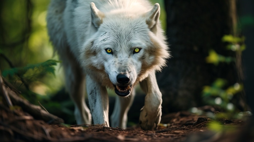AI art: white wolf walking through dense green forest