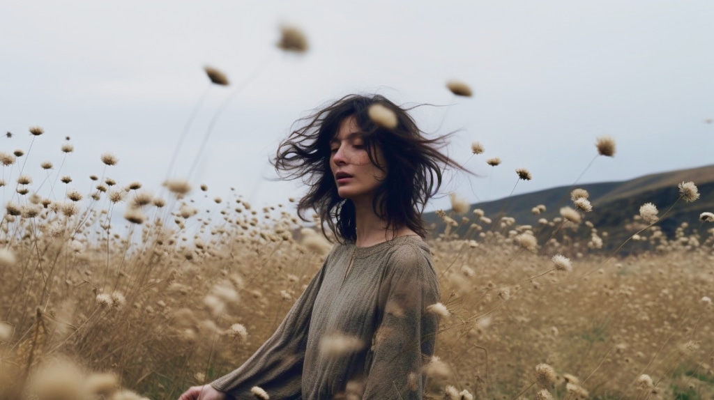 AI woman walking through field of wildflowers and dried seed heads - wind, overcast sky.