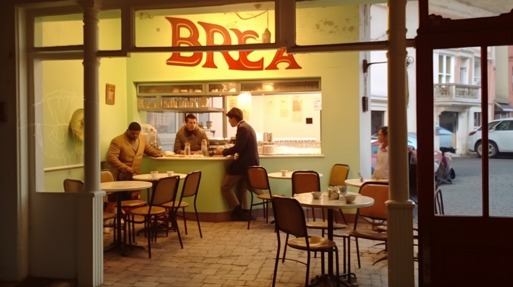 AI art: neighbourhood cafe with customers, view of street through window.