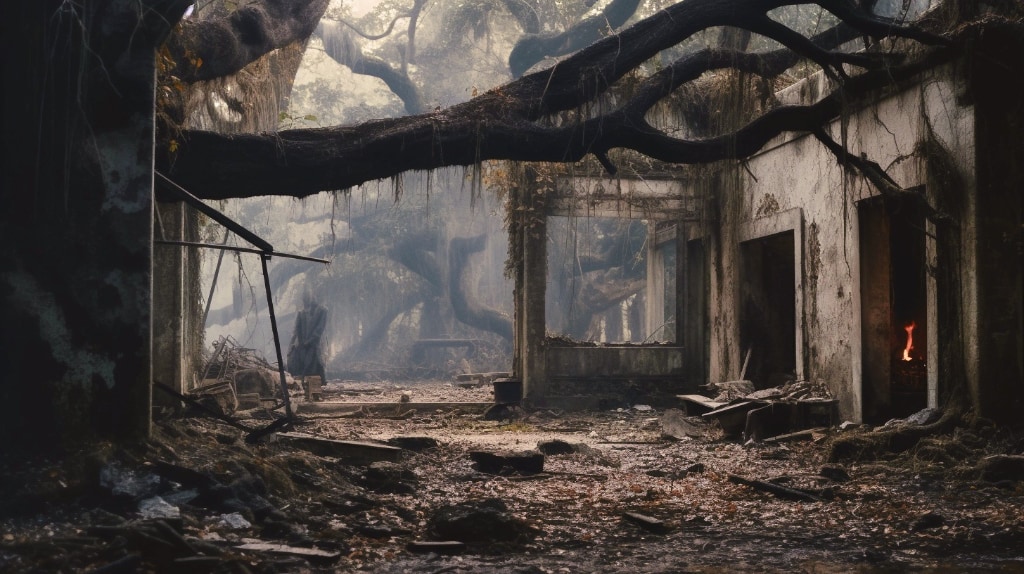 AI artwork: ruined house with Spanish moss hanging from trees
