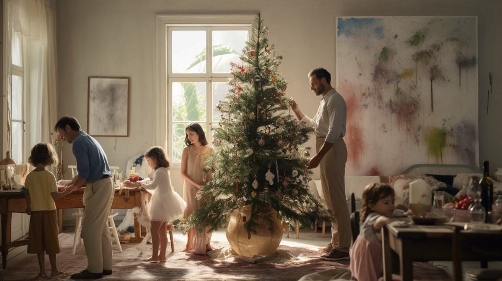 AI MJ: family gathered around the Christmas tree. 