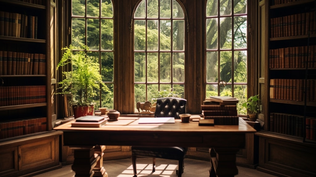 AI study with wooden desk, bookcases, windows with view on garden