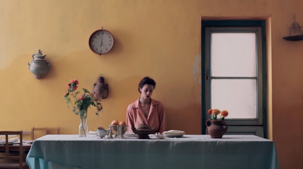 AI art: woman sitting at table with flowers in vase, breakfast, clock on the wall, dijon colour walls, a frosted window