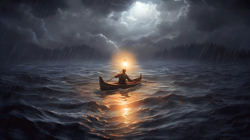 man in small boat, rough seas, storm clouds, he's holding a lantern