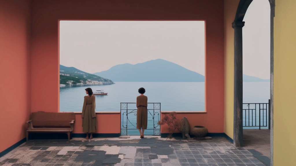 AI art: 2 woman looking out toward the sea, but looking in different directions.