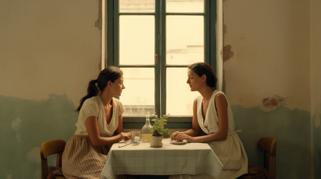 AI artwork: two women eating meal, sitting before tall window.