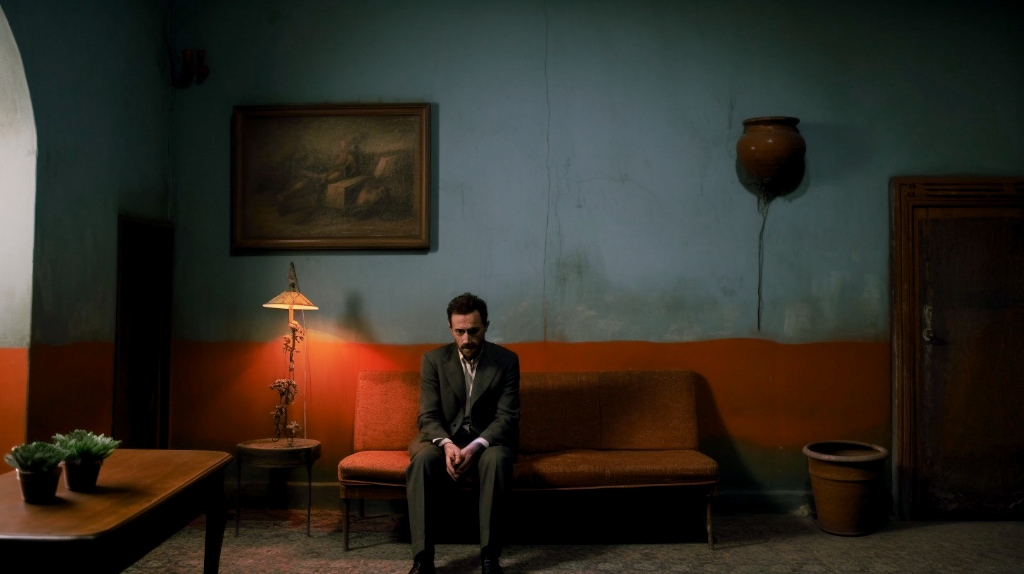 Artwork: AI man sitting on sofa in dark room, one small table lamp. blue walls, painting. Mute dark colours