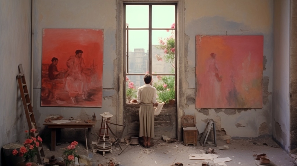 AI artwork: woman look out window, painting and artist's equipment in the room, two large canvases on the wall.