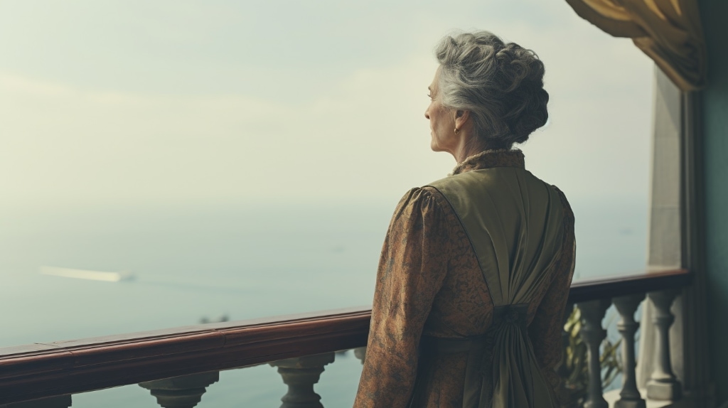 AI artwork: woman standing on balcony looking out to sea.