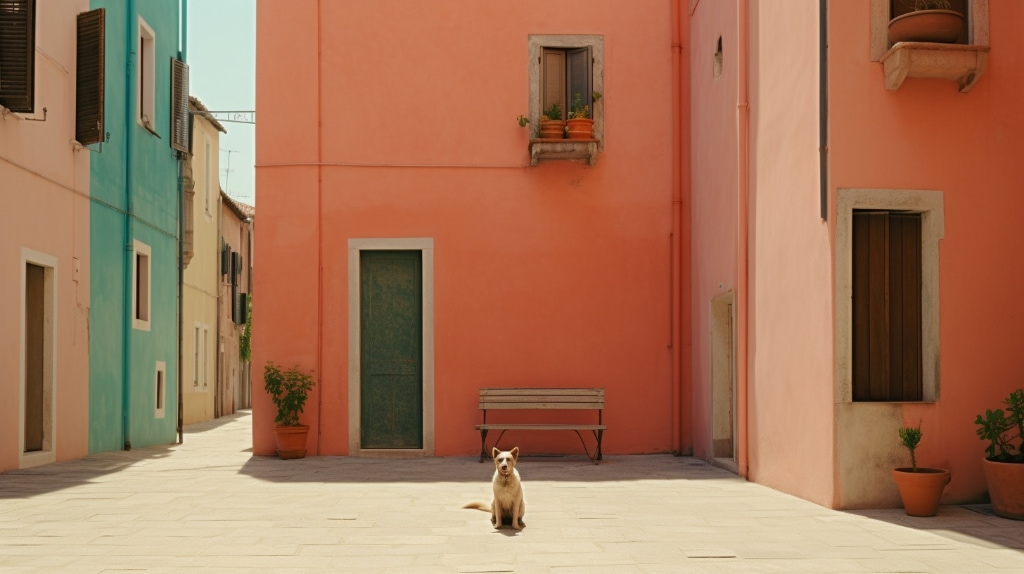 AI art: multi-coloured houses with a white dog sitting in the street