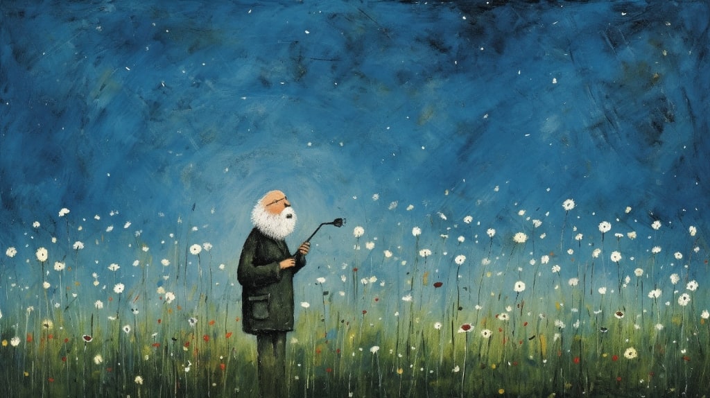 AI art: field of wild flowers with elderly man