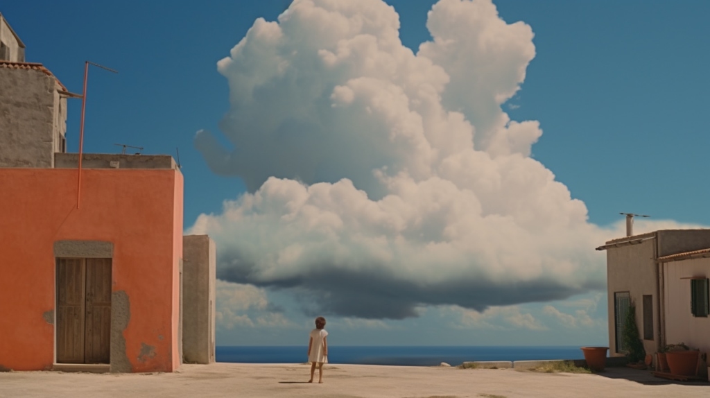 AI art: young woman standing in street looking at large storm cloud forming