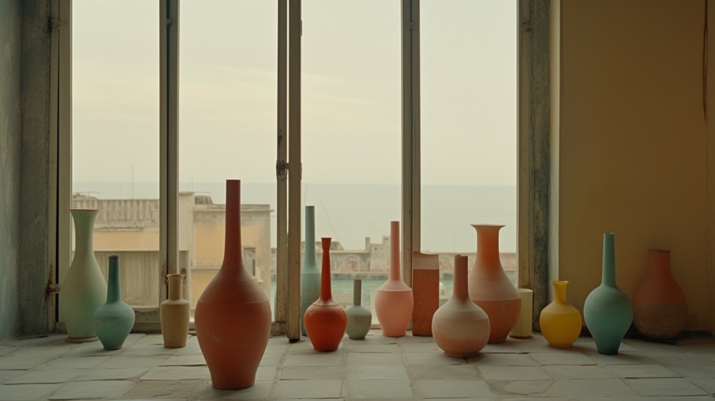 various vases of size and colour placed on the floor by a window