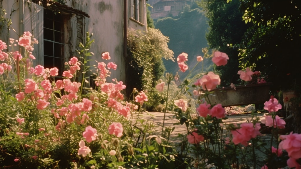 AI art: garden with pink flowers, roses, weeds, trees and thorns