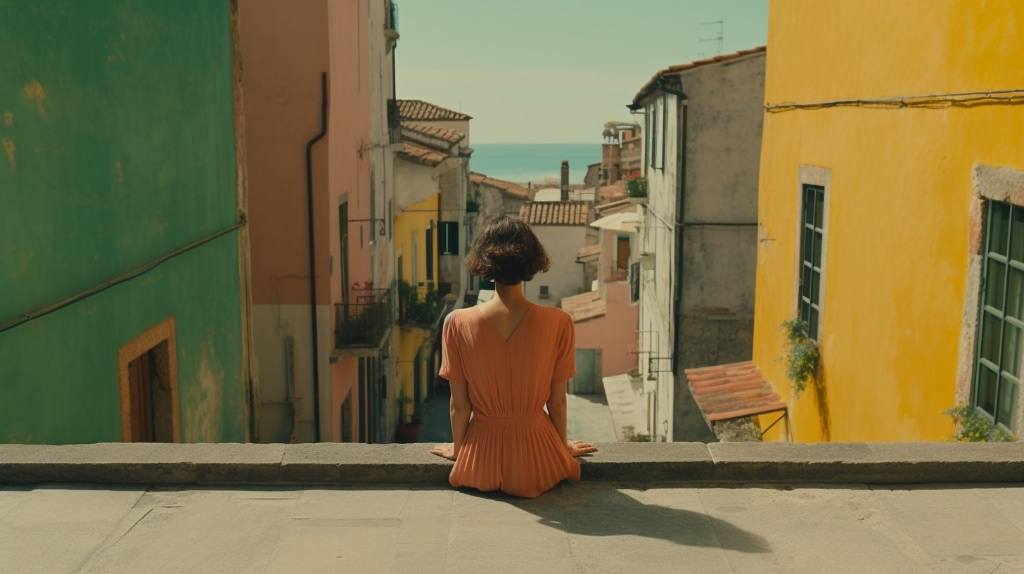 young woman sitting on building roof ledge looking down street with multi-storey houses on both side. Sea  in the background. 