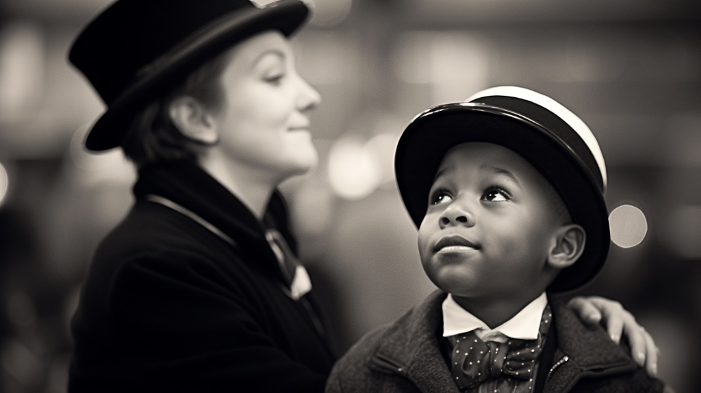 AI art: woman from Salvation Army and small boy, B&W image