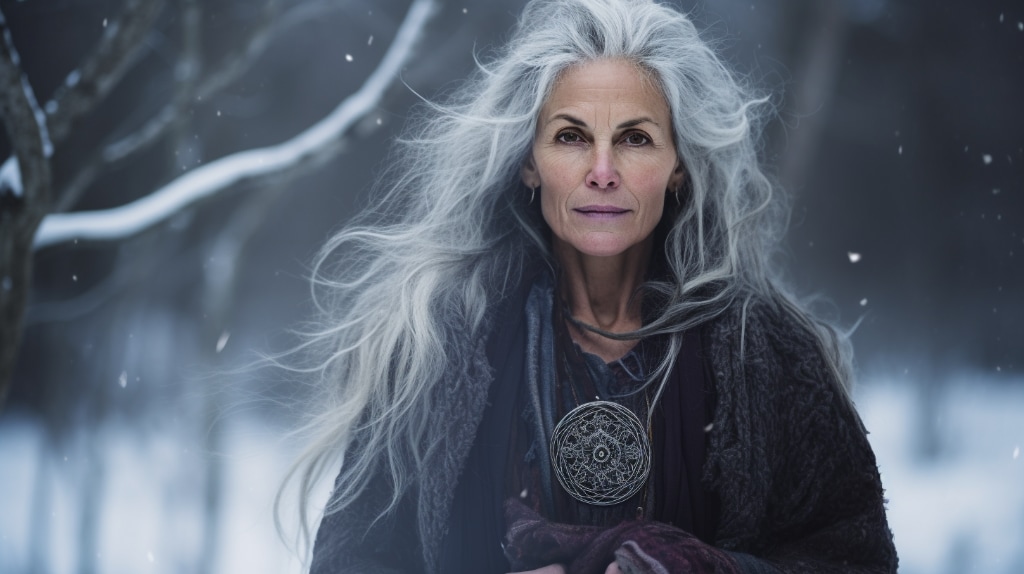 middle-age woman in heavy wintery clothing, wintery forest scene