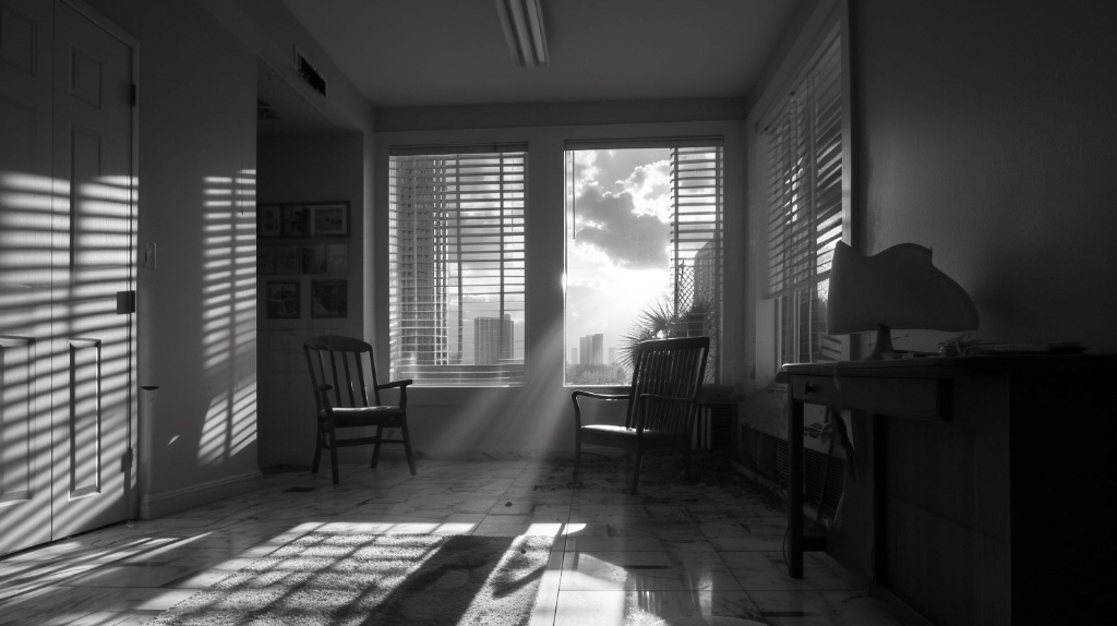 AI Midjourney, sunlight through a bedroom window, B&W image