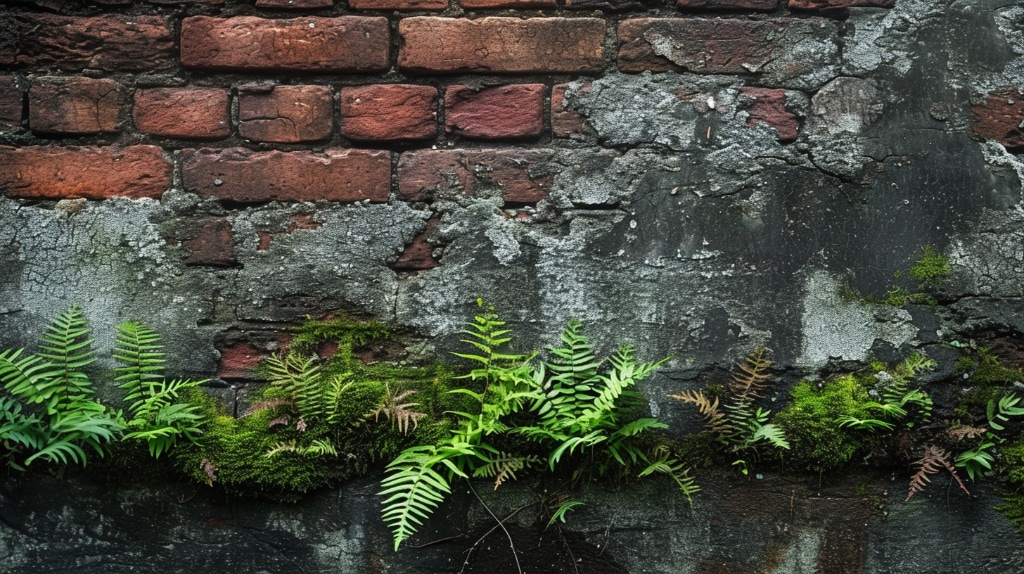 AI art: brick wall with ferns and moss