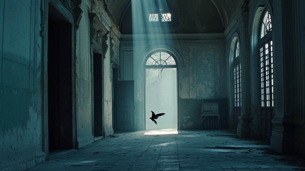 hallway in dark colour with a large black bird in flight